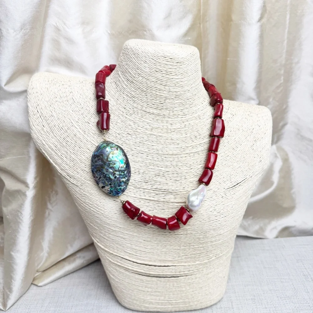 Handmade Coral Abalone Pearl Beaded Statement Necklace - Picture 3 of 8